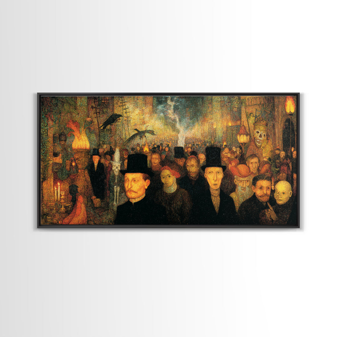 The Town Where Shadows Live, Grotesque Carnival Art, Wide Panoramic Art, Dark Halloween Decor, Canvas Print, Halloween Wall Art