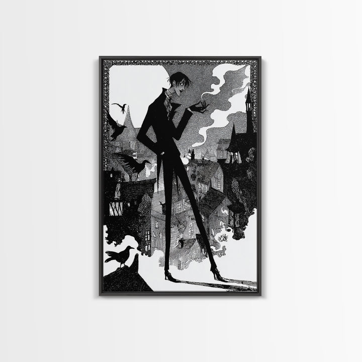 The Town Where Shadows Live, Decadent Line Art, Vertical Wall Art, Dark Halloween Decor, Framed Canvas Print, Halloween Wall Art