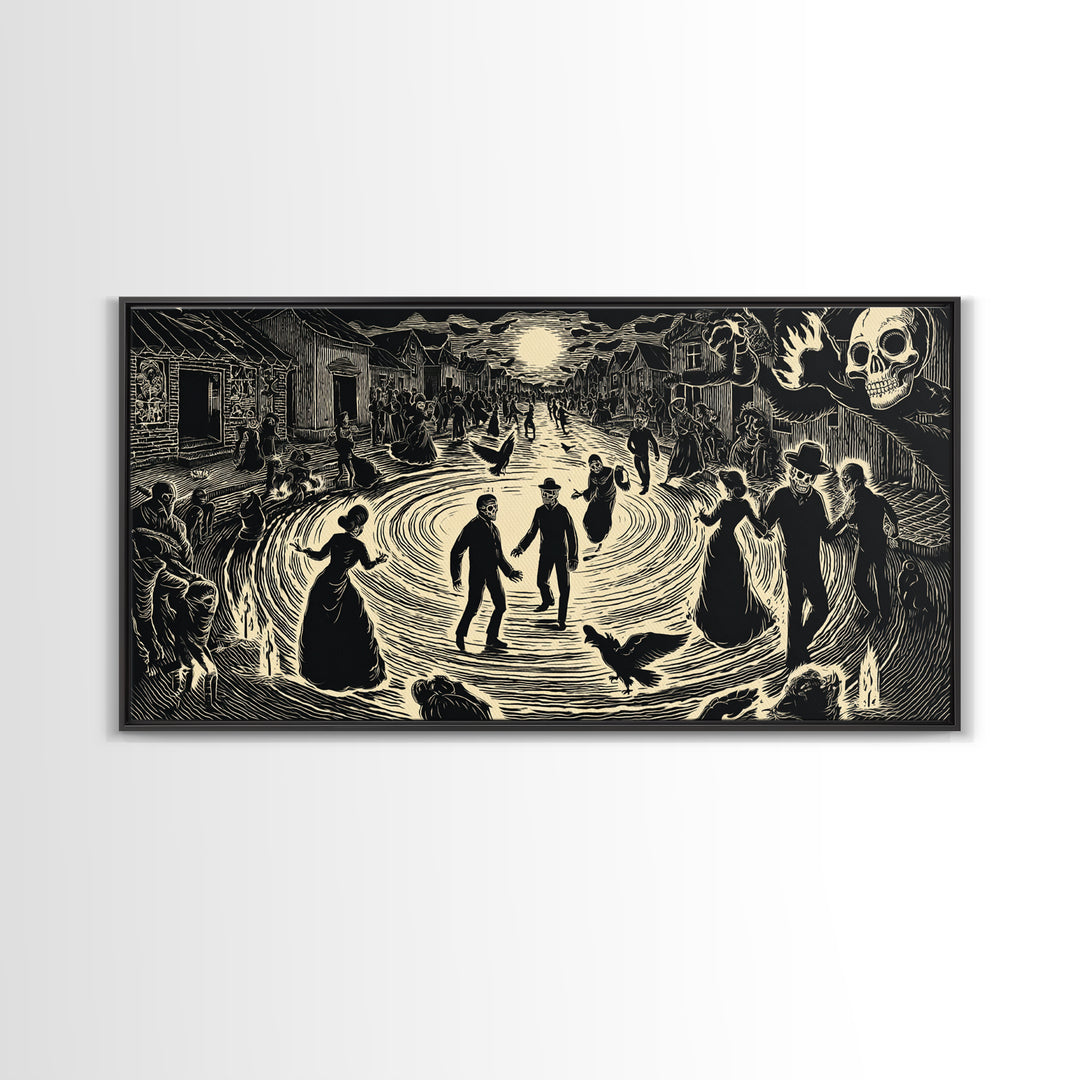 The Town Where Shadows Live, Macabre Folk Print Art, Wide Panoramic Art, Dark Fantasy Wall Art, Canvas Print, Halloween Wall Art