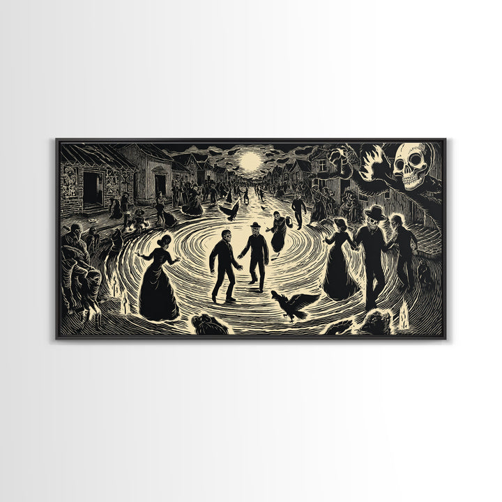 The Town Where Shadows Live, Macabre Folk Print Art, Wide Panoramic Art, Dark Fantasy Wall Art, Canvas Print, Halloween Wall Art