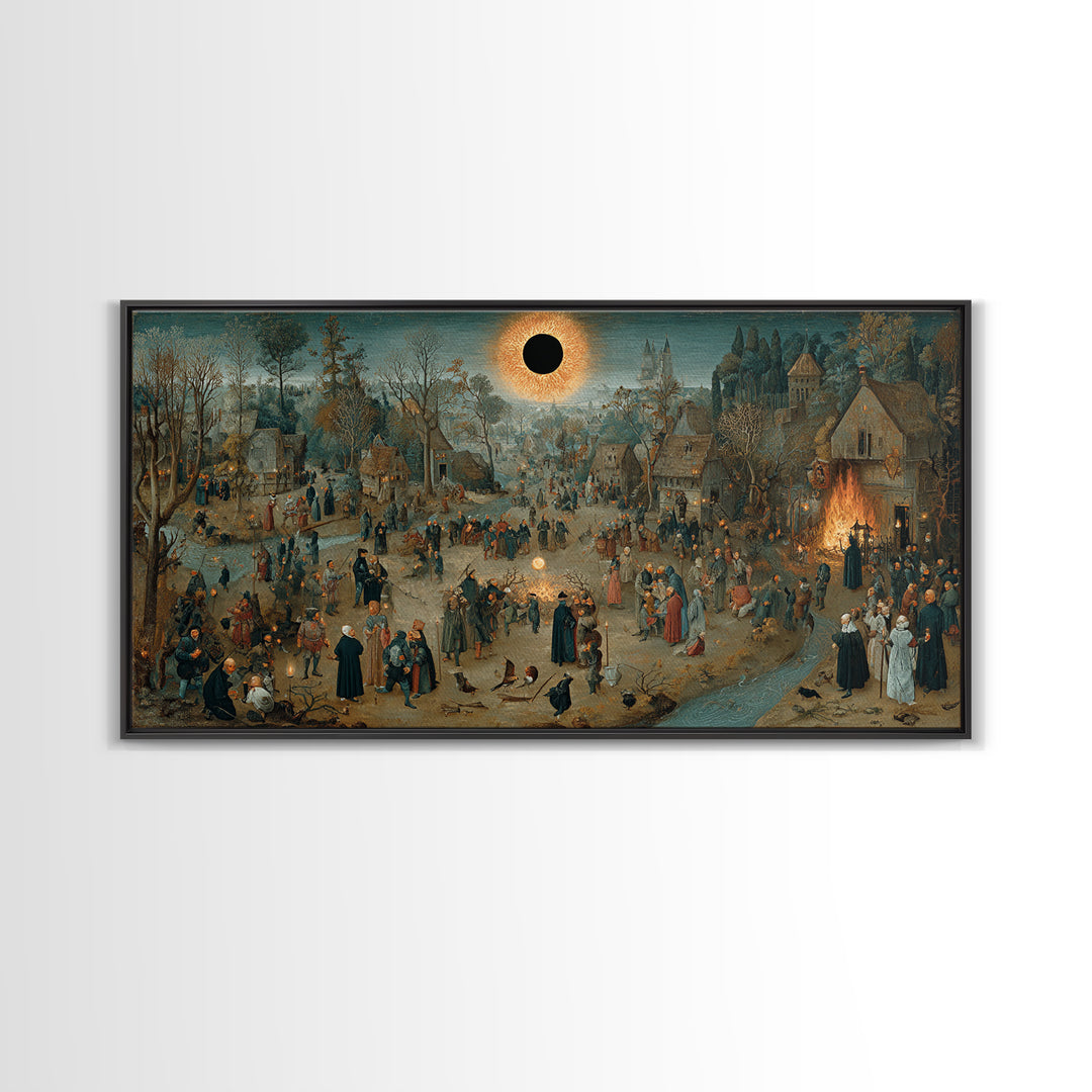 The Eclipse Summoning, Northern Renaissance Horror, Wide Panoramic Art, Dark Halloween Decor, Framed Canvas Print