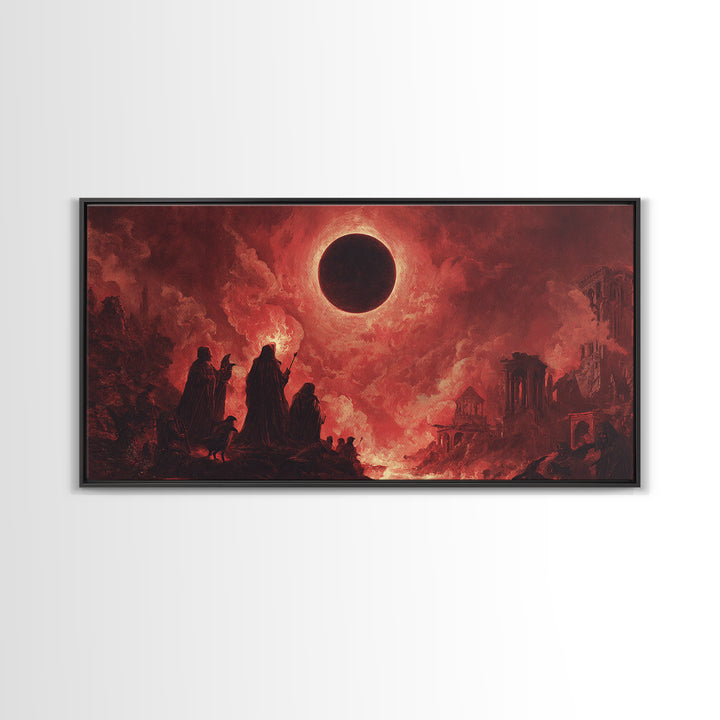 The Eclipse Summoning, Apocalyptic Romantic Art, Wide Panoramic Art, Dark Fantasy Wall Art, Framed Canvas Print, Halloween Wall Art