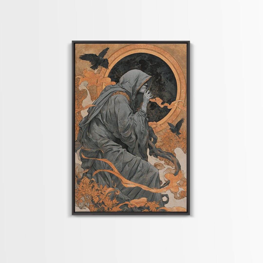 The Eclipse Summoning, Symbolist Death Art, Vertical Wall Art, Dark Fantasy Wall Art, Framed Canvas Print, Halloween Wall Art