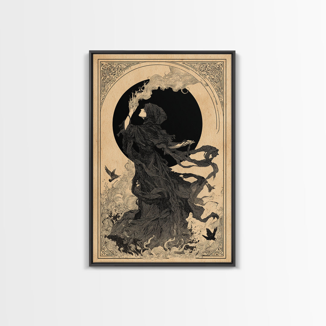 The Eclipse Summoning, Decadent Line Art, Vertical Wall Art, Macabre Wall Art, Framed Canvas Print, Halloween Wall Art