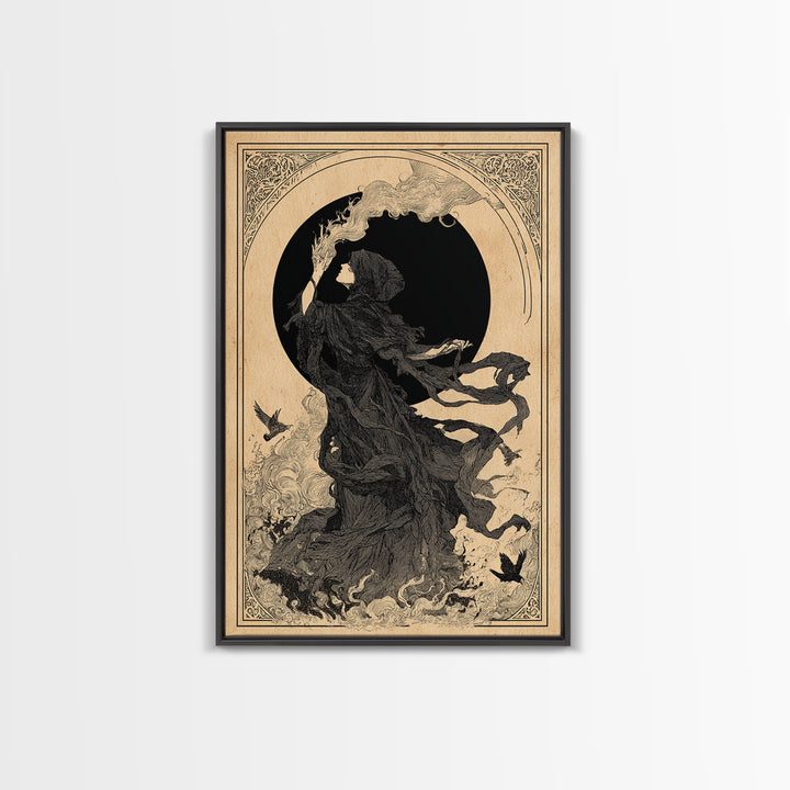 The Eclipse Summoning, Decadent Line Art, Vertical Wall Art, Macabre Wall Art, Framed Canvas Print, Halloween Wall Art