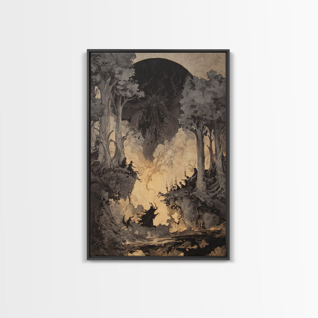 The Eclipse Summoning, Gothic Storybook Art, Vertical Wall Art, Dark Halloween Decor, Framed Canvas Print, Halloween Wall Art