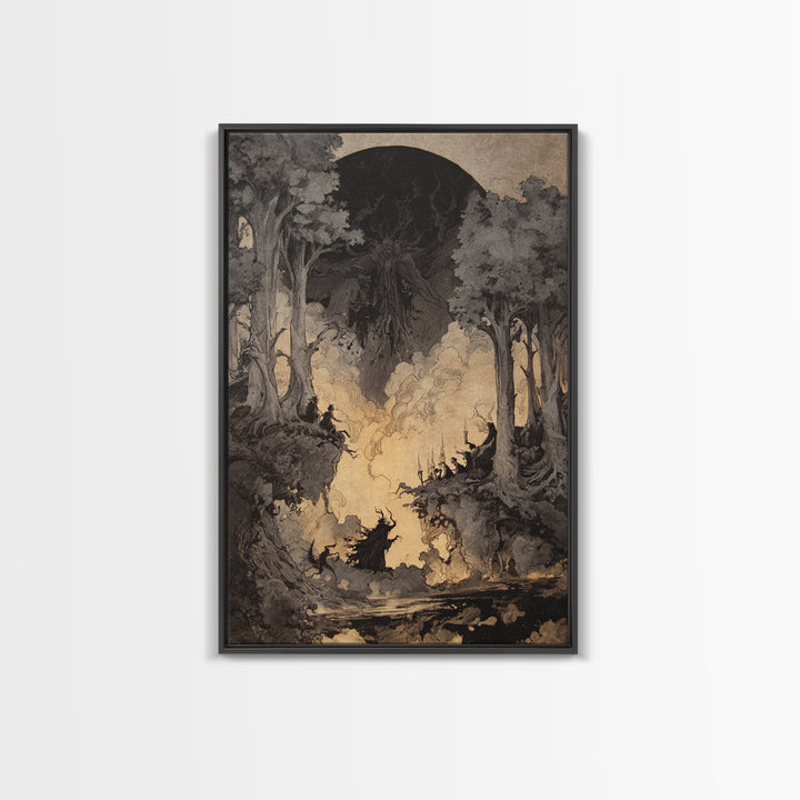The Eclipse Summoning, Gothic Storybook Art, Vertical Wall Art, Dark Halloween Decor, Framed Canvas Print, Halloween Wall Art