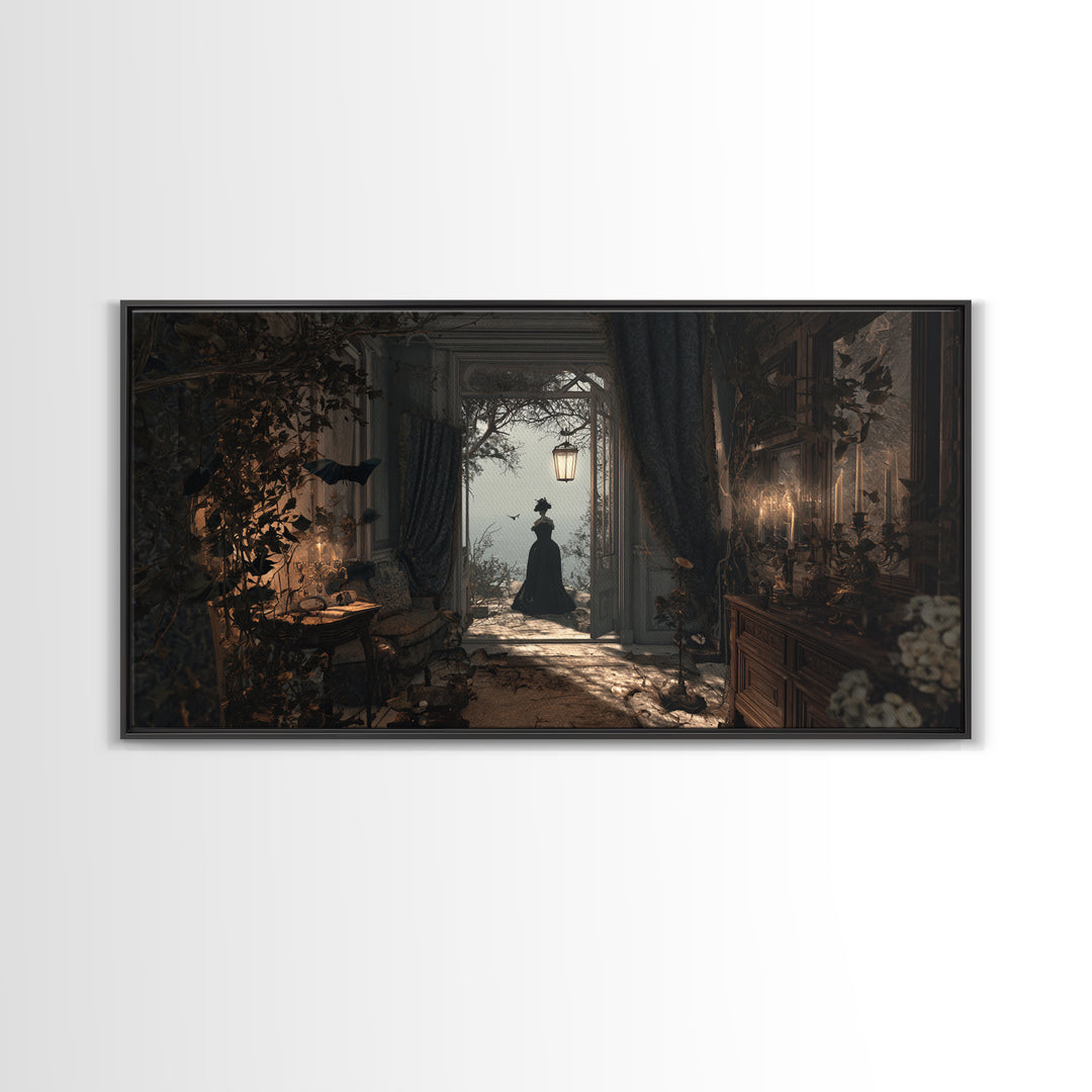 The Last House At The World'S Edge, Symbolist Gothic Landscape, Wide Panoramic Art, Dark Halloween Decor, Framed Canvas Print