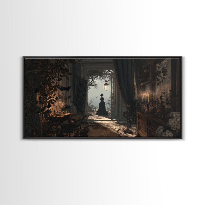 The Last House At The World'S Edge, Symbolist Gothic Landscape, Wide Panoramic Art, Dark Halloween Decor, Framed Canvas Print