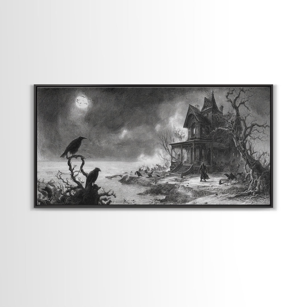 The Last House At The World'S Edge, Expressionist Nightmare Art, Wide Panoramic Art, Dark Halloween Decor, Framed Canvas Print
