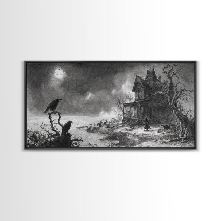 The Last House At The World'S Edge, Expressionist Nightmare Art, Wide Panoramic Art, Dark Halloween Decor, Framed Canvas Print