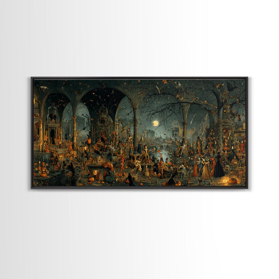 Halloween On Another Planet, Medieval Grotesque Art, Wide Panoramic Art, Gothic Horror Wall Art, Framed Canvas Print