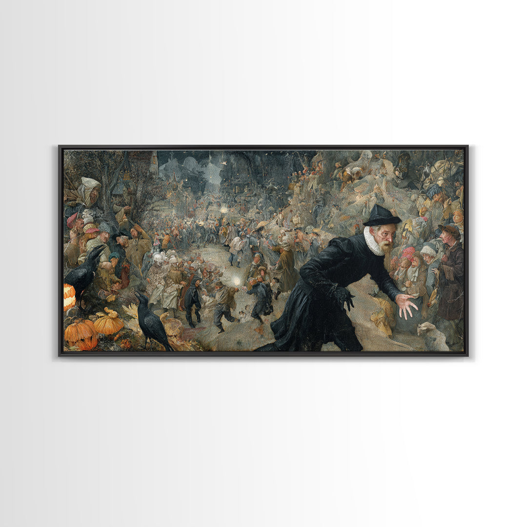 Halloween On Another Planet, Northern Renaissance Horror, Wide Panoramic Art, Gothic Horror Wall Art, Framed Canvas Print