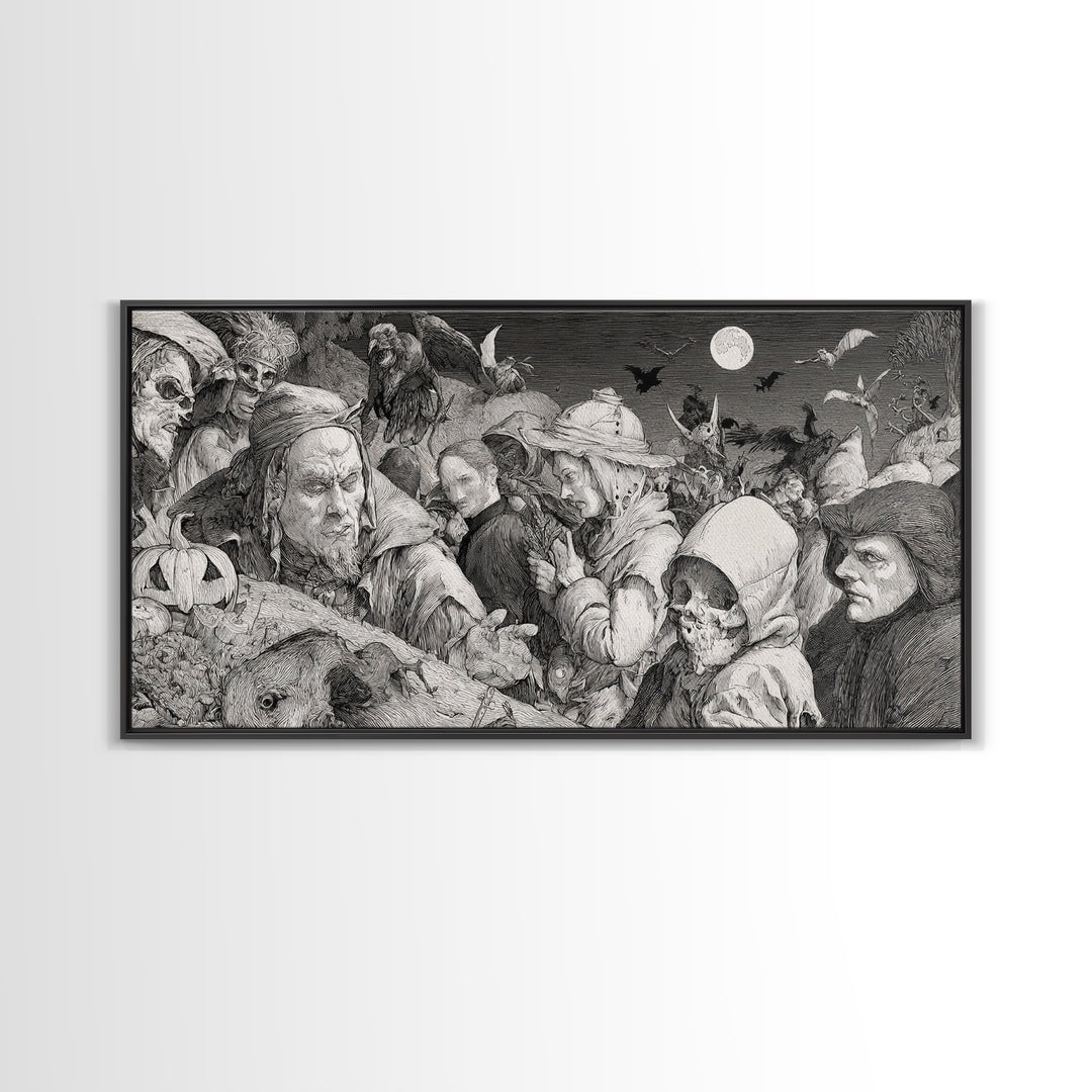 Halloween On Another Planet, Renaissance Engraving Art, Wide Panoramic Art, Dark Fantasy Wall Art, Framed Canvas Print, Halloween Wall Art