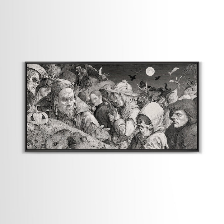 Halloween On Another Planet, Renaissance Engraving Art, Wide Panoramic Art, Dark Fantasy Wall Art, Framed Canvas Print, Halloween Wall Art