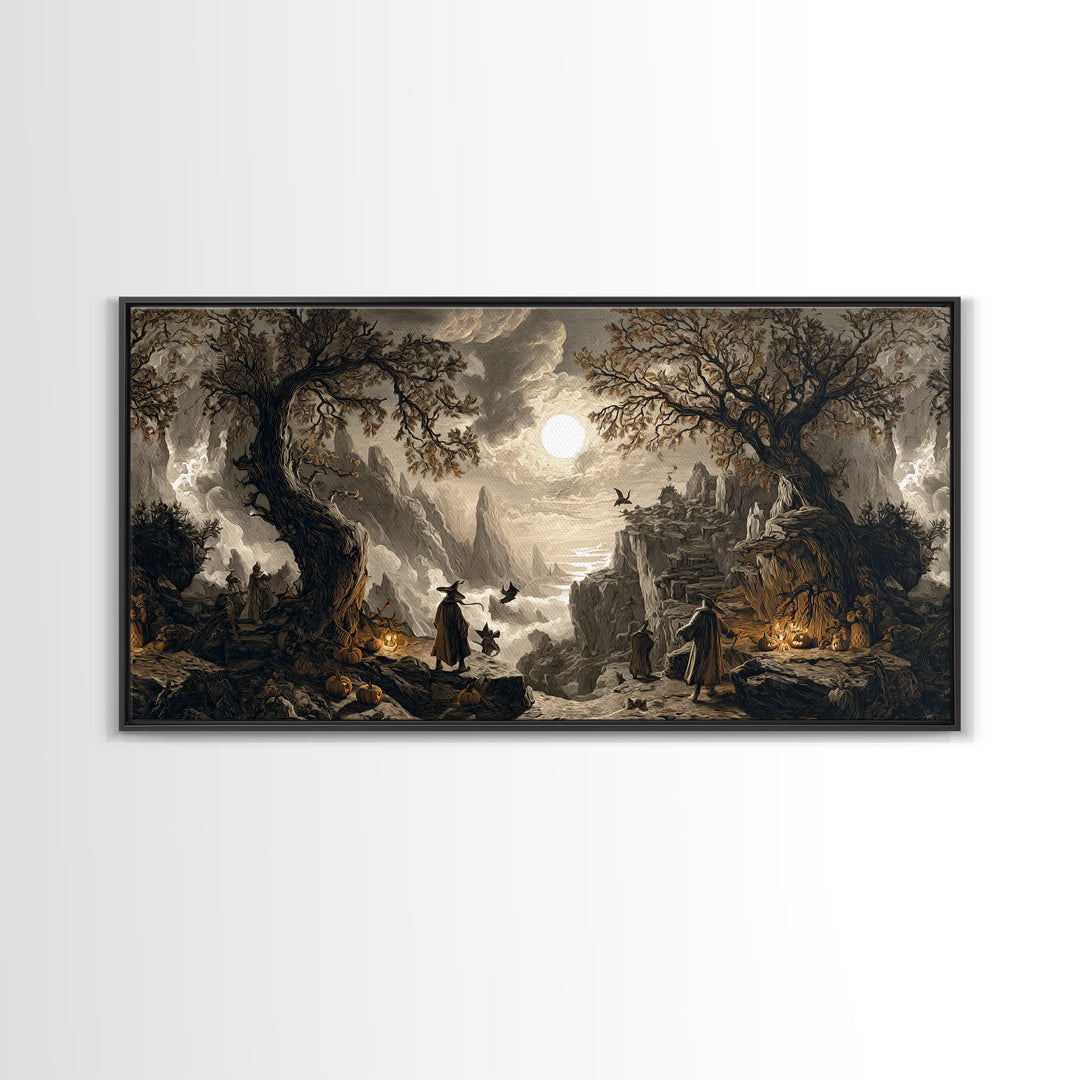 Halloween On Another Planet, Baroque Witchcraft Art, Wide Panoramic Art, Gothic Horror Wall Art, Framed Canvas Print, Halloween Wall Art