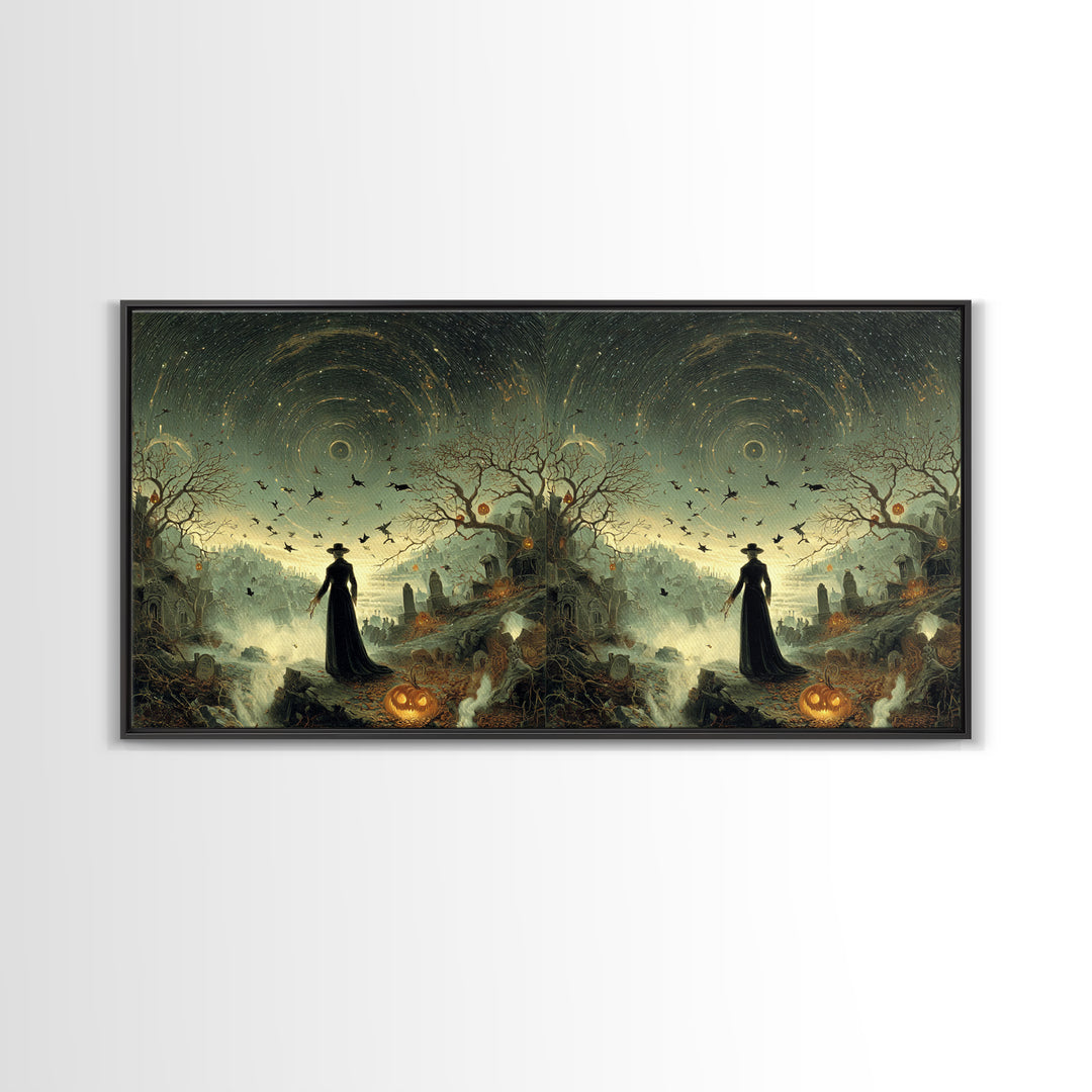 Halloween On Another Planet, Romantic Gothic Landscape, Wide Panoramic Art, Dark Fantasy Wall Art, Framed Canvas Print