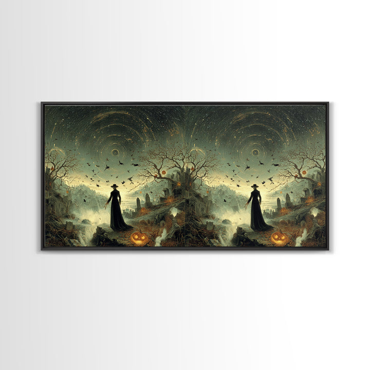 Halloween On Another Planet, Romantic Gothic Landscape, Wide Panoramic Art, Dark Fantasy Wall Art, Framed Canvas Print