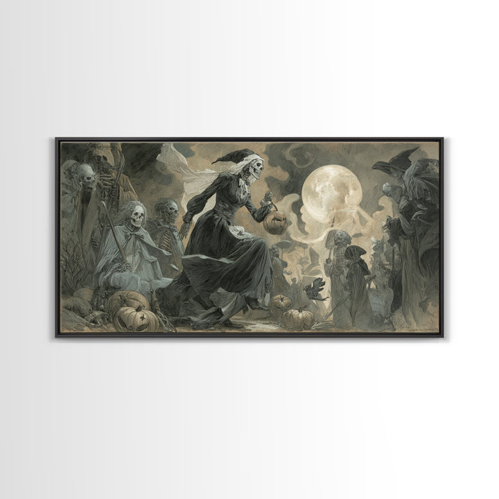 Halloween On Another Planet, Decadent Gothic Art, Wide Panoramic Art, Macabre Wall Art, Framed Canvas Print, Halloween Wall Art
