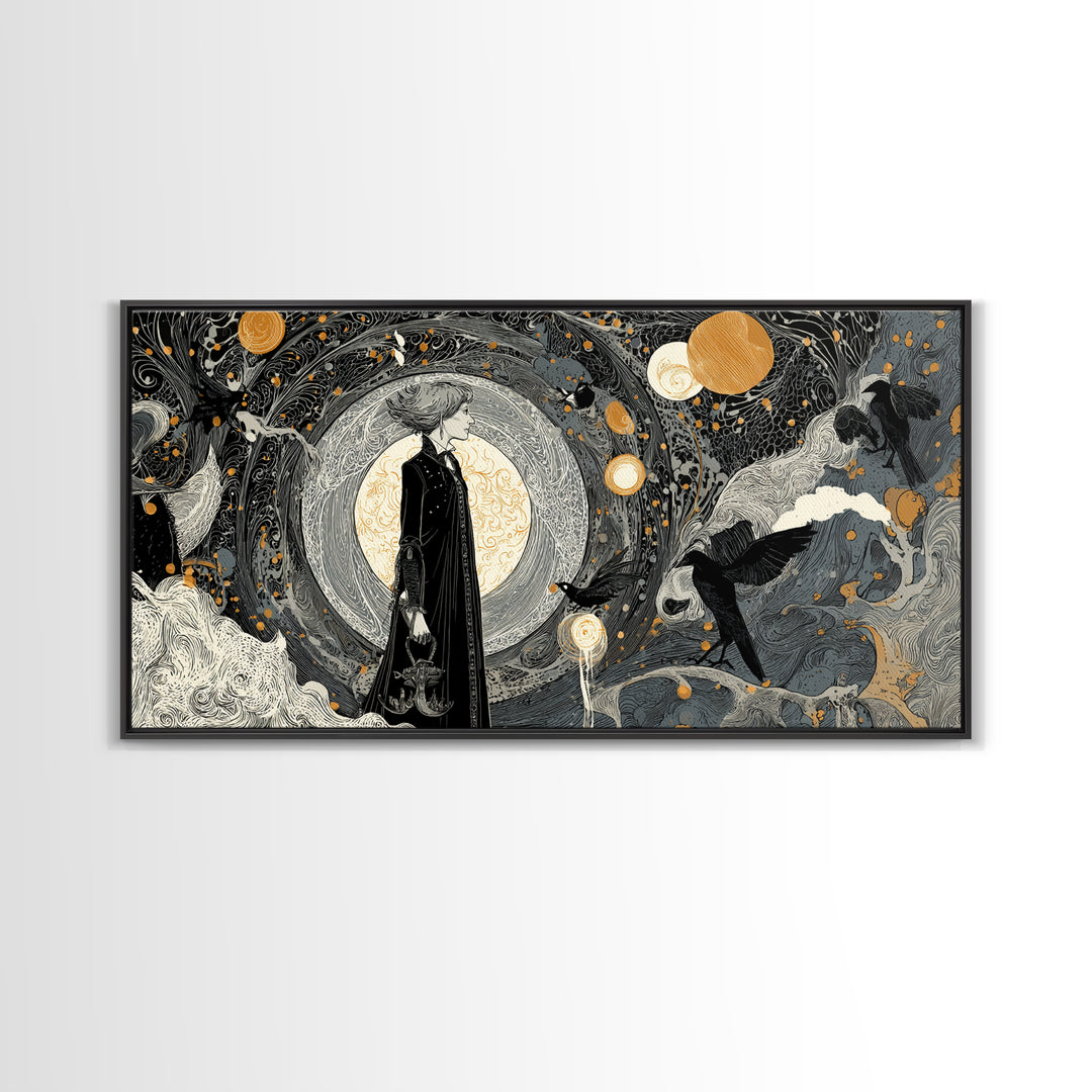 Halloween On Another Planet, Decadent Line Art, Wide Panoramic Art, Gothic Horror Wall Art, Canvas Print, Halloween Wall Art