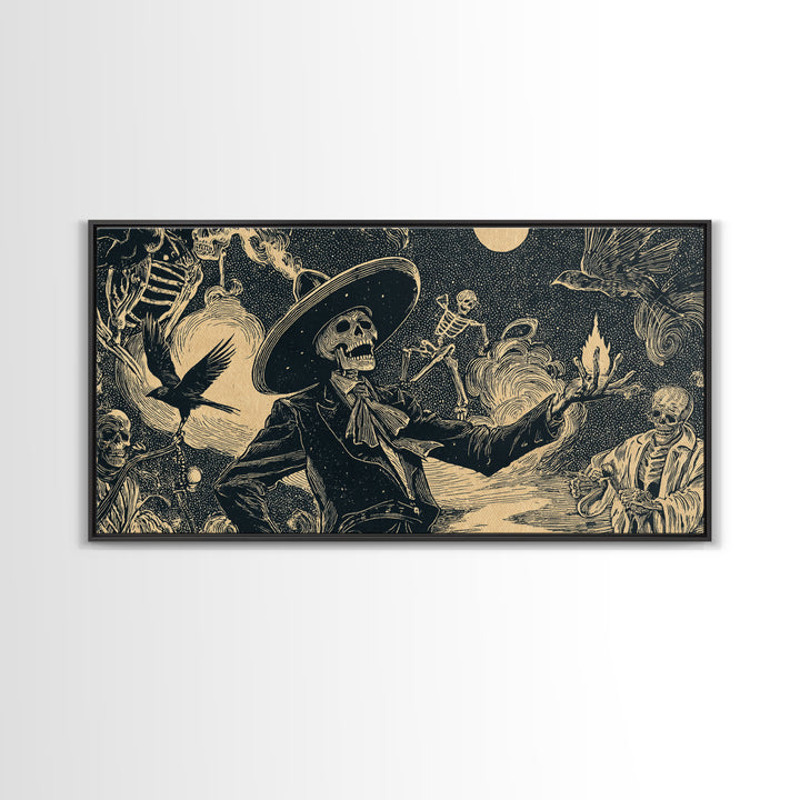 Halloween On Another Planet, Macabre Folk Print Art, Wide Panoramic Art, Gothic Horror Wall Art, Canvas Print