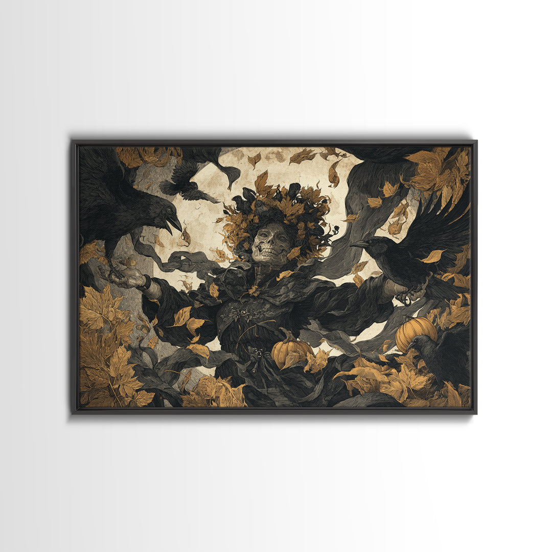 The Personification Of October, Macabre Folk Print Art, Landscape Wall Art, Dark Halloween Decor, Framed Canvas Print