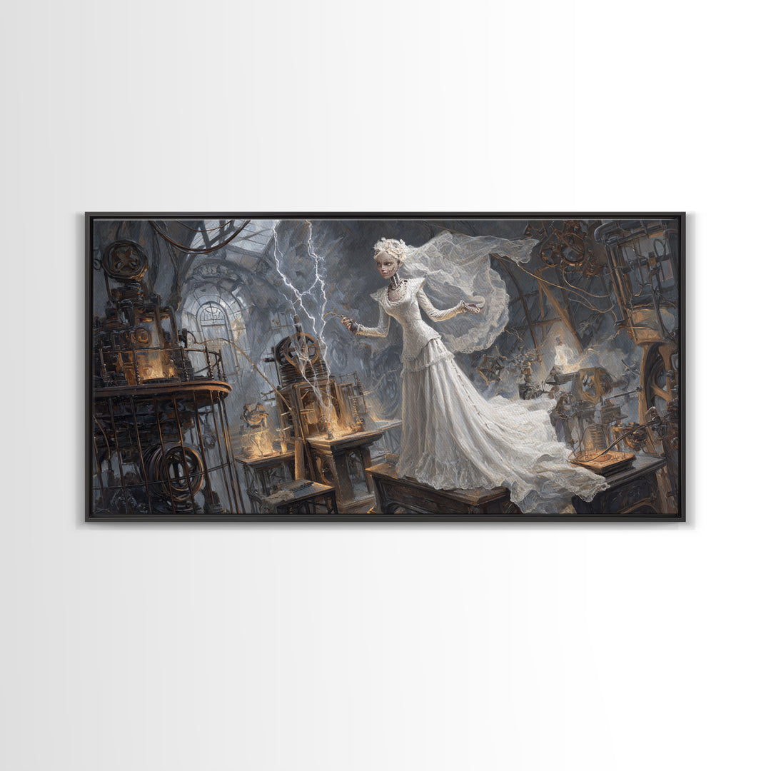 The Stitched Bride Of Thunder Hall, Apocalyptic Romantic Art, Wide Panoramic Art, Dark Fantasy Wall Art, Framed Canvas Print