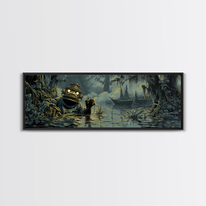 The Creature Of Lantern Lagoon, Gothic Engraving Art, Extra Wide Wall Art, Dark Halloween Decor, Framed Canvas Print