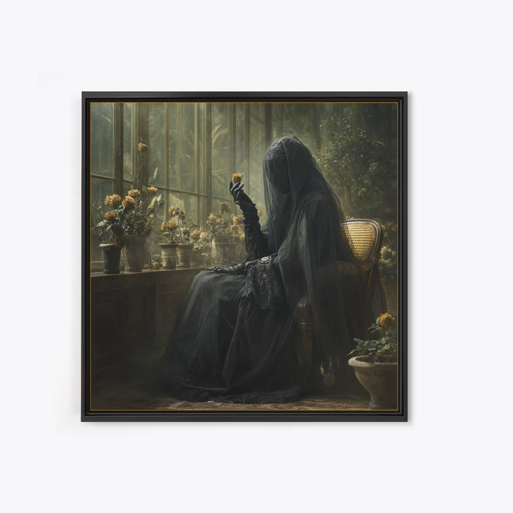 The Invisible Mourner Of Glass House, Gothic Engraving Art, Square Wall Art, Macabre Wall Art, Canvas Print, Halloween Wall Art