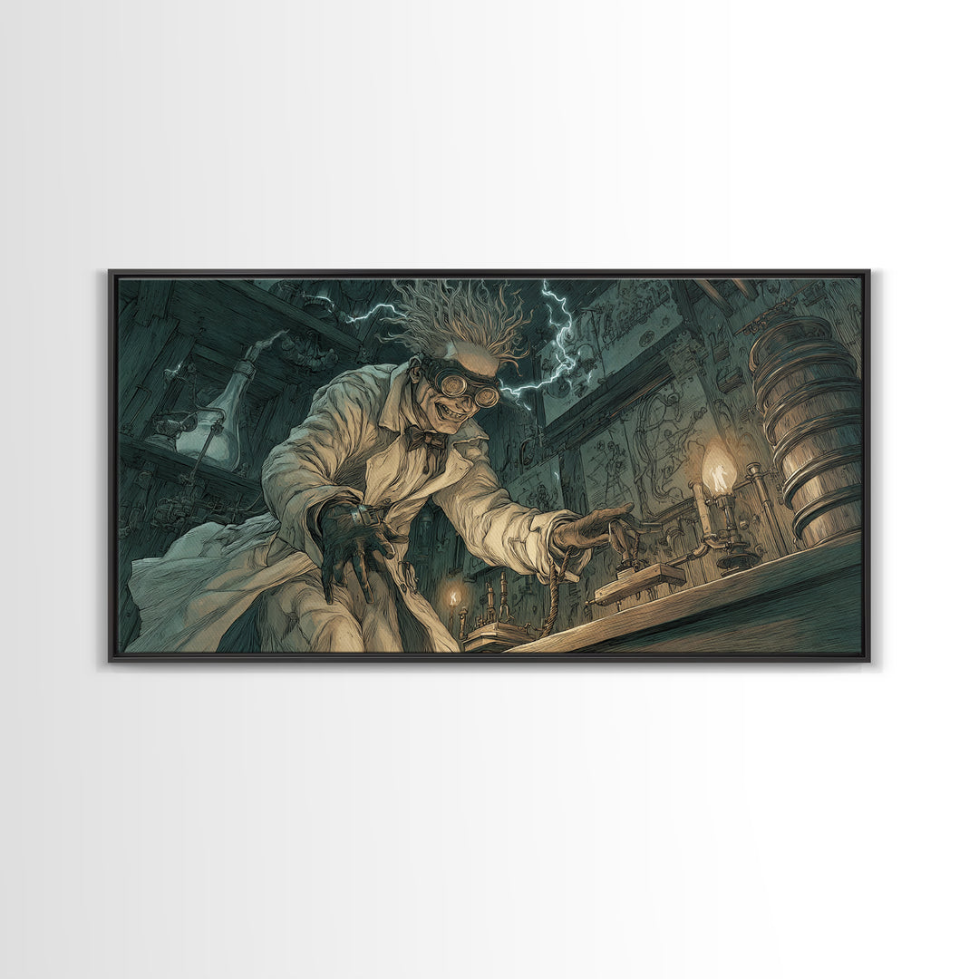 Doctor Vesper'S Resurrection Engine, Expressionist Nightmare Art, Wide Panoramic Art, Gothic Horror Wall Art, Framed Canvas Print
