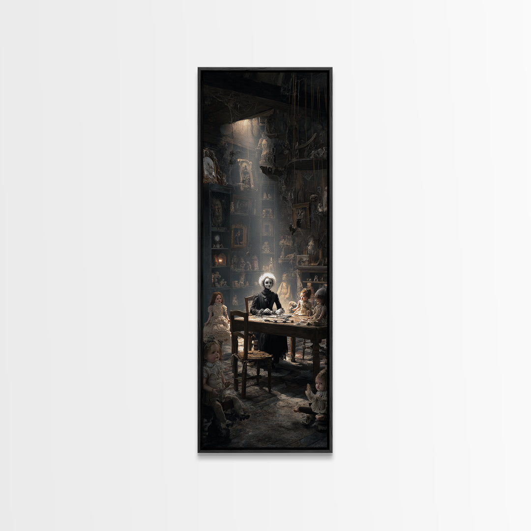 The Dollmaker Of Hollow Ward, Gothic Engraving Art, Tall Narrow Wall Art, Macabre Wall Art, Framed Canvas Print, Halloween Wall Art