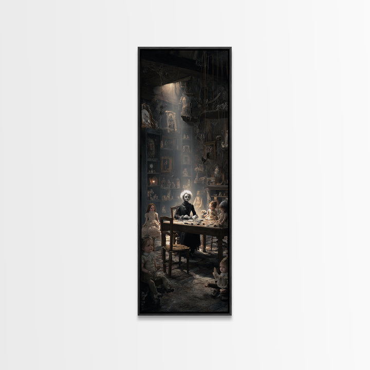 The Dollmaker Of Hollow Ward, Gothic Engraving Art, Tall Narrow Wall Art, Macabre Wall Art, Framed Canvas Print, Halloween Wall Art