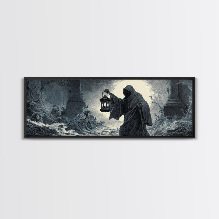 The Lantern-Bearer Of R’Lyeh, Gothic Engraving Art, Extra Wide Wall Art, Dark Fantasy Wall Art, Canvas Print, Halloween Wall Art