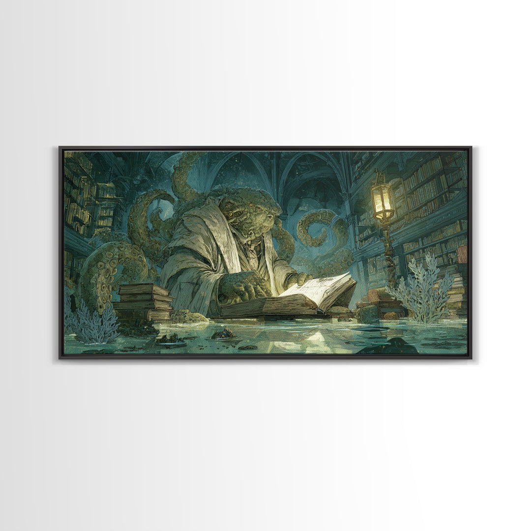The Librarian Of Forbidden Tides, Expressionist Nightmare Art, Wide Panoramic Art, Macabre Wall Art, Canvas Print, Halloween Wall Art