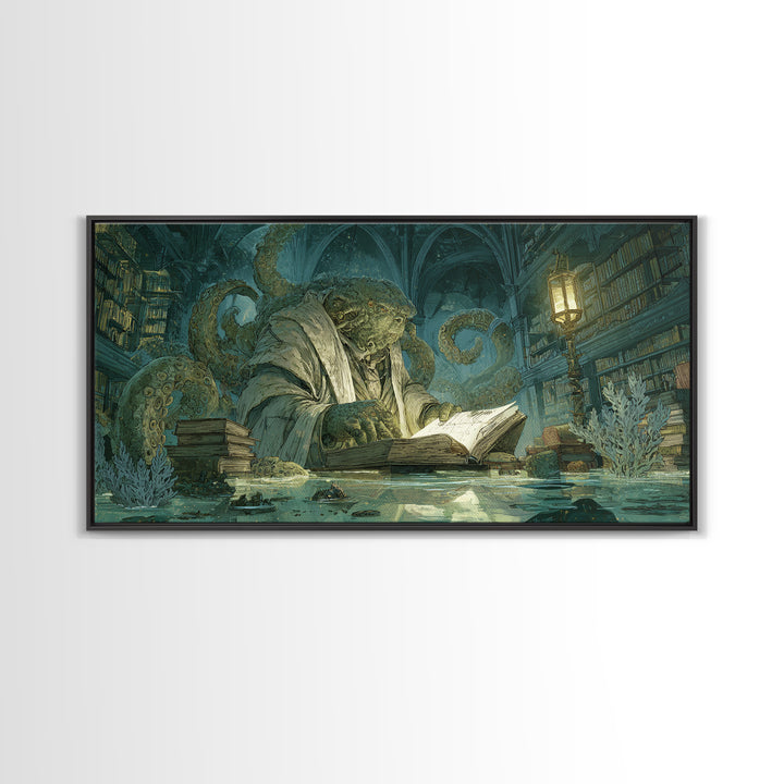 The Librarian Of Forbidden Tides, Expressionist Nightmare Art, Wide Panoramic Art, Macabre Wall Art, Canvas Print, Halloween Wall Art