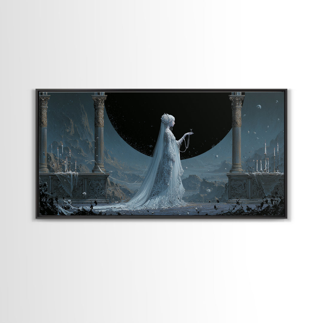 The Bride Of The Abyssal Moon, Apocalyptic Romantic Art, Wide Panoramic Art, Cosmic Horror Art, Canvas Print, Halloween Wall Art