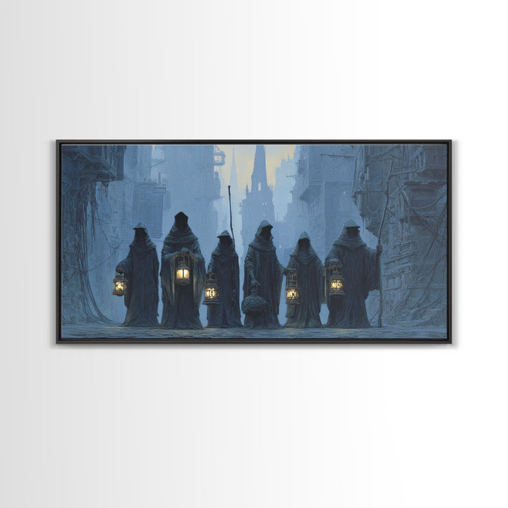 The Innsmouth Lantern Procession, Gothic Engraving Art, Wide Panoramic Art, Gothic Horror Wall Art, Canvas Print, Halloween Wall Art