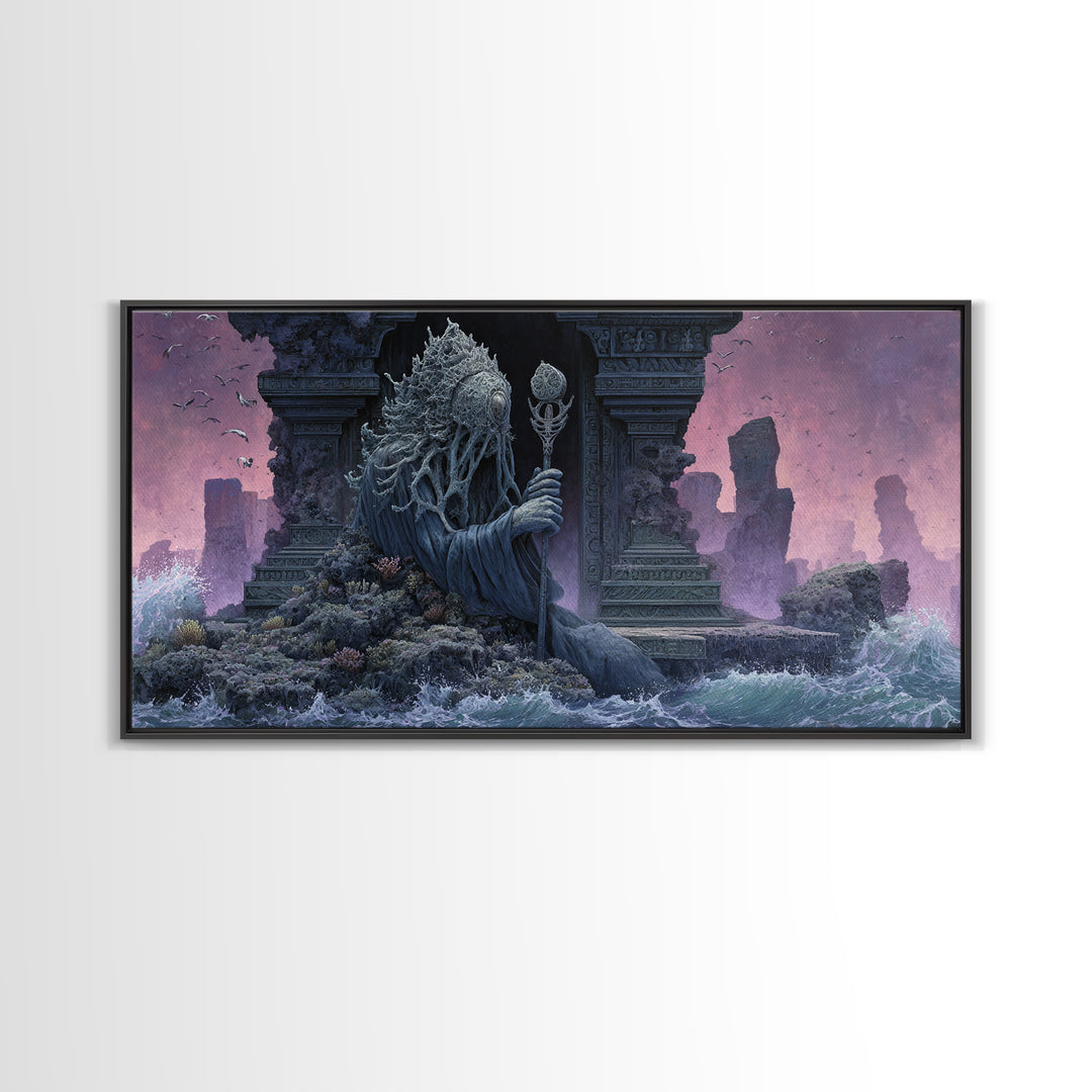 The Keeper Of The Black Reef Key, Symbolist Gothic Landscape, Wide Panoramic Art, Dark Fantasy Wall Art, Canvas Print, Halloween Wall Art