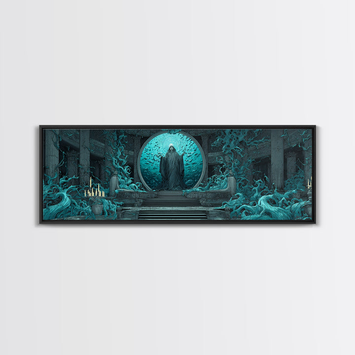 The Oracle Of The Glass Depths, Gothic Storybook Art, Extra Wide Wall Art, Eldritch Wall Decor, Framed Canvas Print, Horror Wall Art