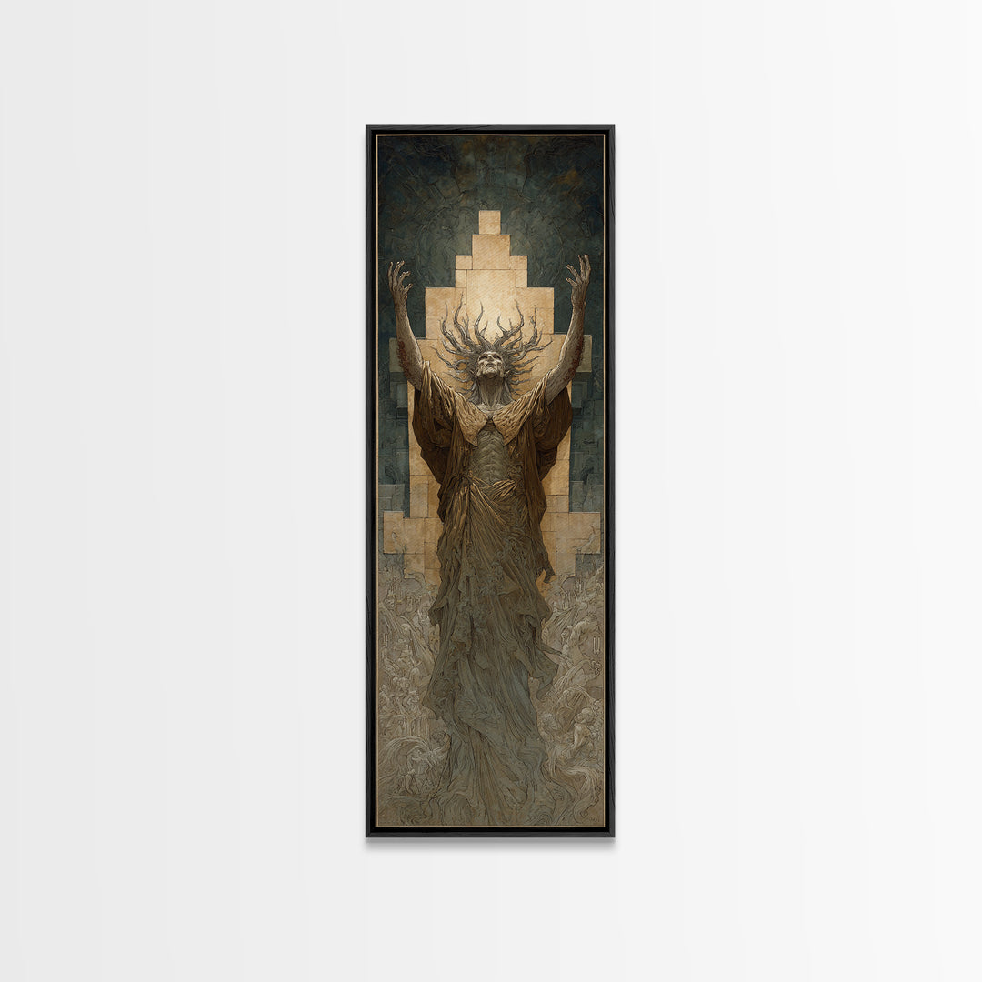 The Crown Of The Tentacled Saint, Gothic Engraving Art, Tall Narrow Wall Art, Eldritch Wall Decor, Framed Canvas Print