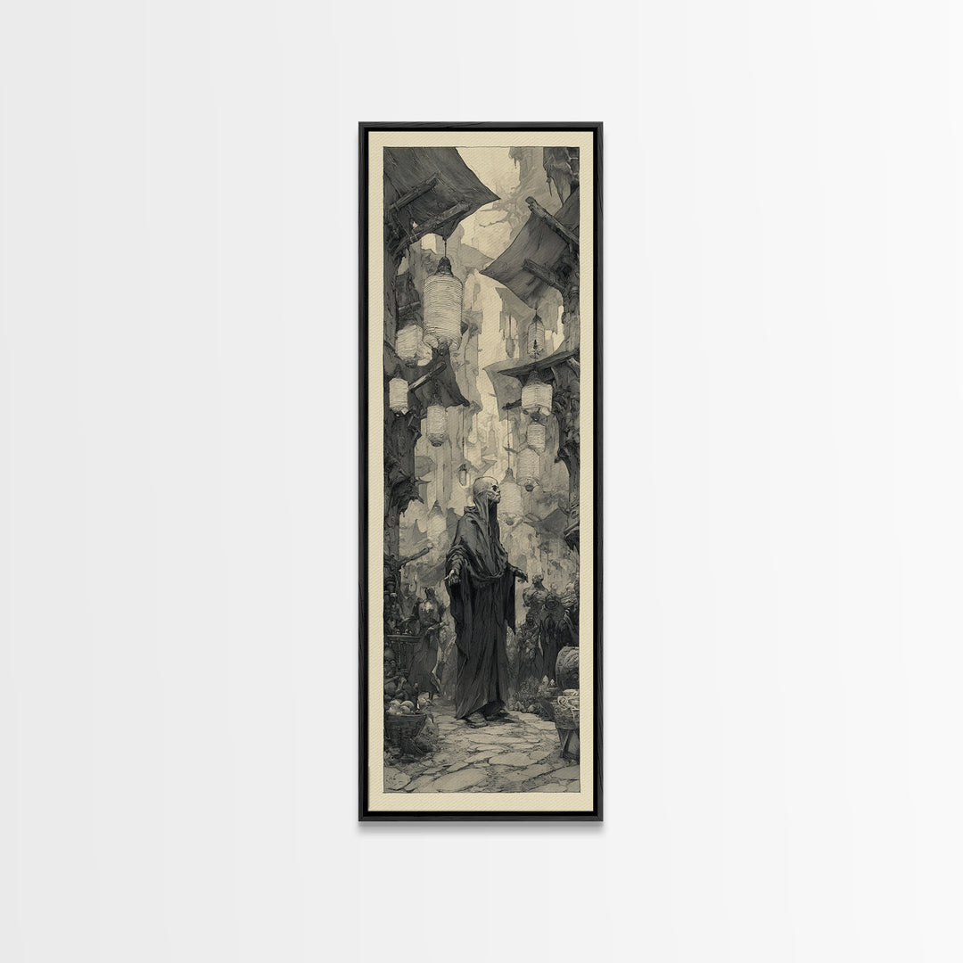 The Lantern Market Beyond The Veil, Expressionist Nightmare Art, Tall Narrow Wall Art, Dark Halloween Decor, Framed Canvas Print