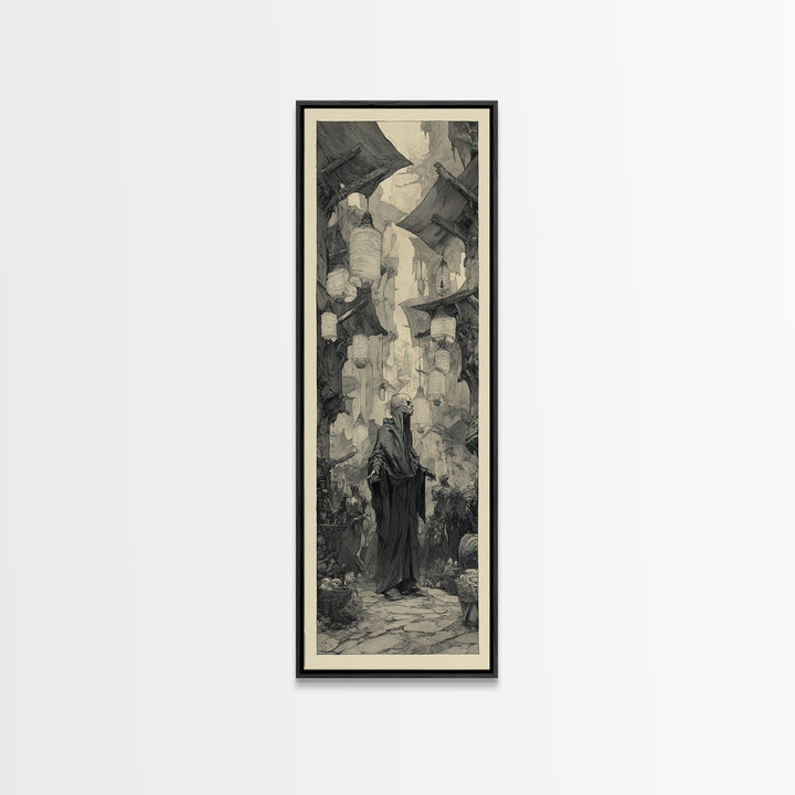 The Lantern Market Beyond The Veil, Expressionist Nightmare Art, Tall Narrow Wall Art, Dark Halloween Decor, Framed Canvas Print