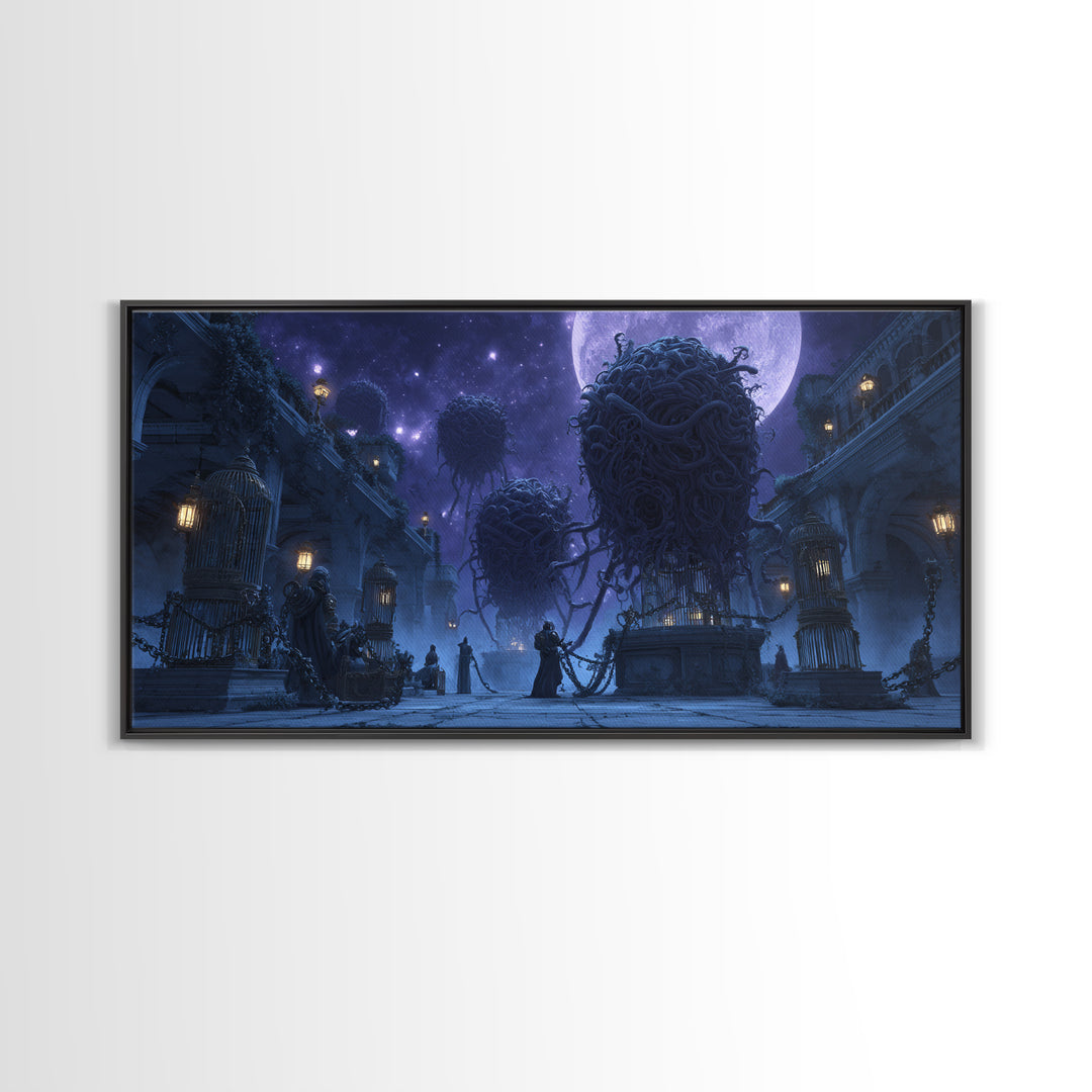 The Moonlit Shoggoth Menagerie, Apocalyptic Romantic Art, Wide Panoramic Art, Lovecraftian Horror Art, Framed Canvas Print, Horror Wall Art