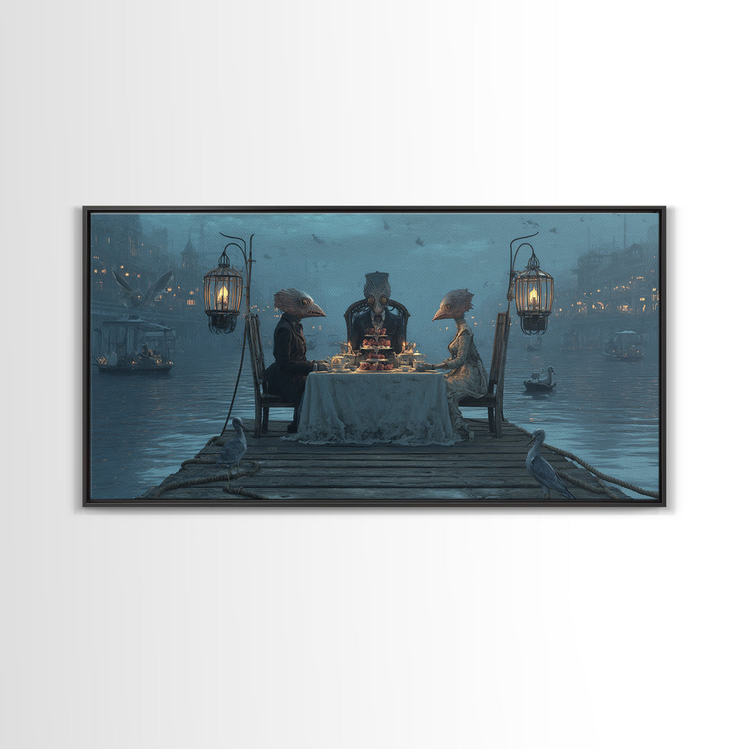 The Tea Party At Innsmouth Pier, Grotesque Carnival Art, Wide Panoramic Art, Dark Fantasy Wall Art, Canvas Print, Halloween Wall Art