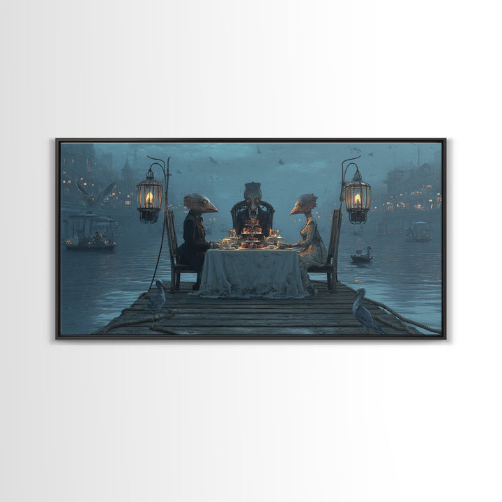 The Tea Party At Innsmouth Pier, Grotesque Carnival Art, Wide Panoramic Art, Dark Fantasy Wall Art, Canvas Print, Halloween Wall Art