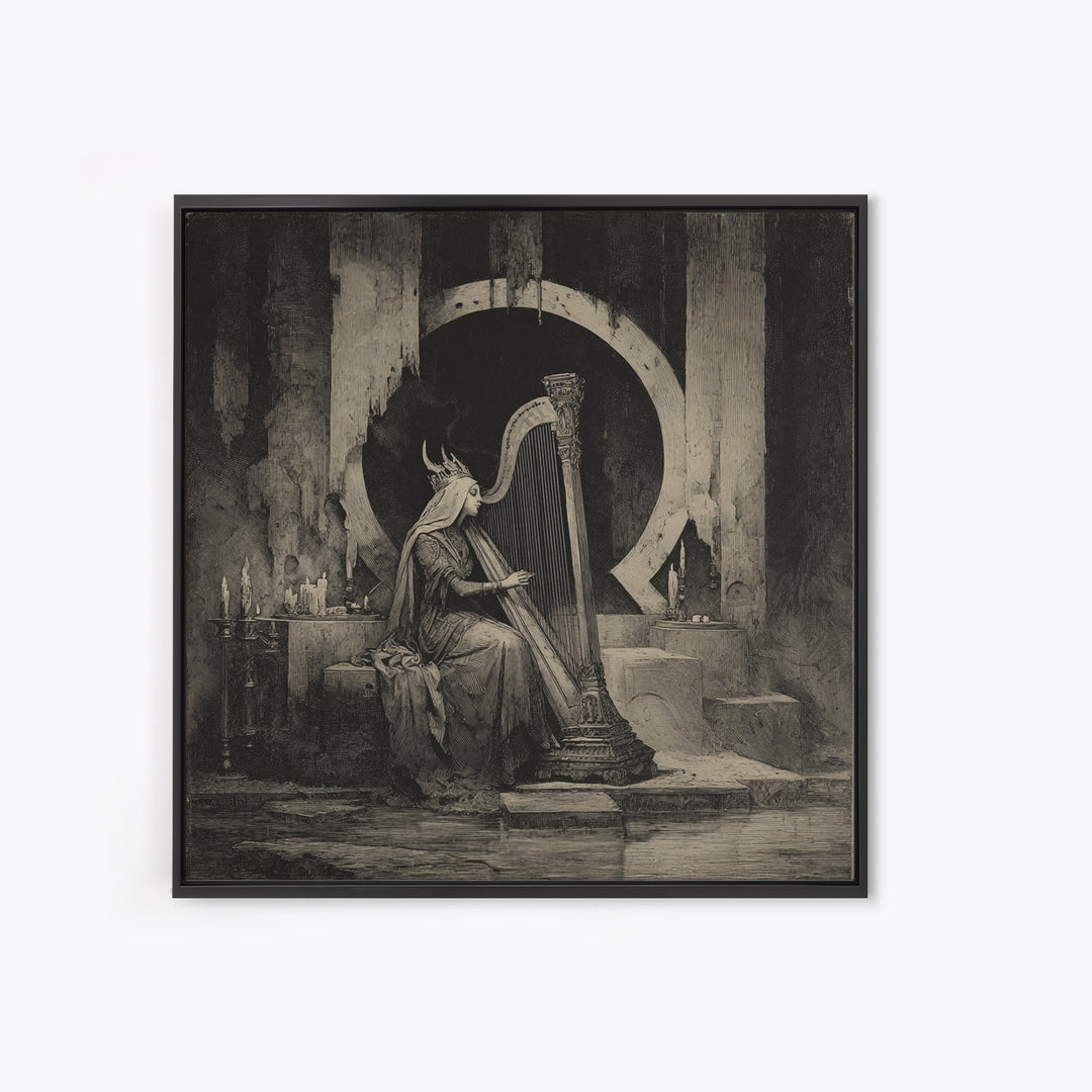 The Harpist Of Abyssal Sleep, Symbolist Dream Art, Square Wall Art, Dark Halloween Decor, Framed Canvas Print, Halloween Wall Art