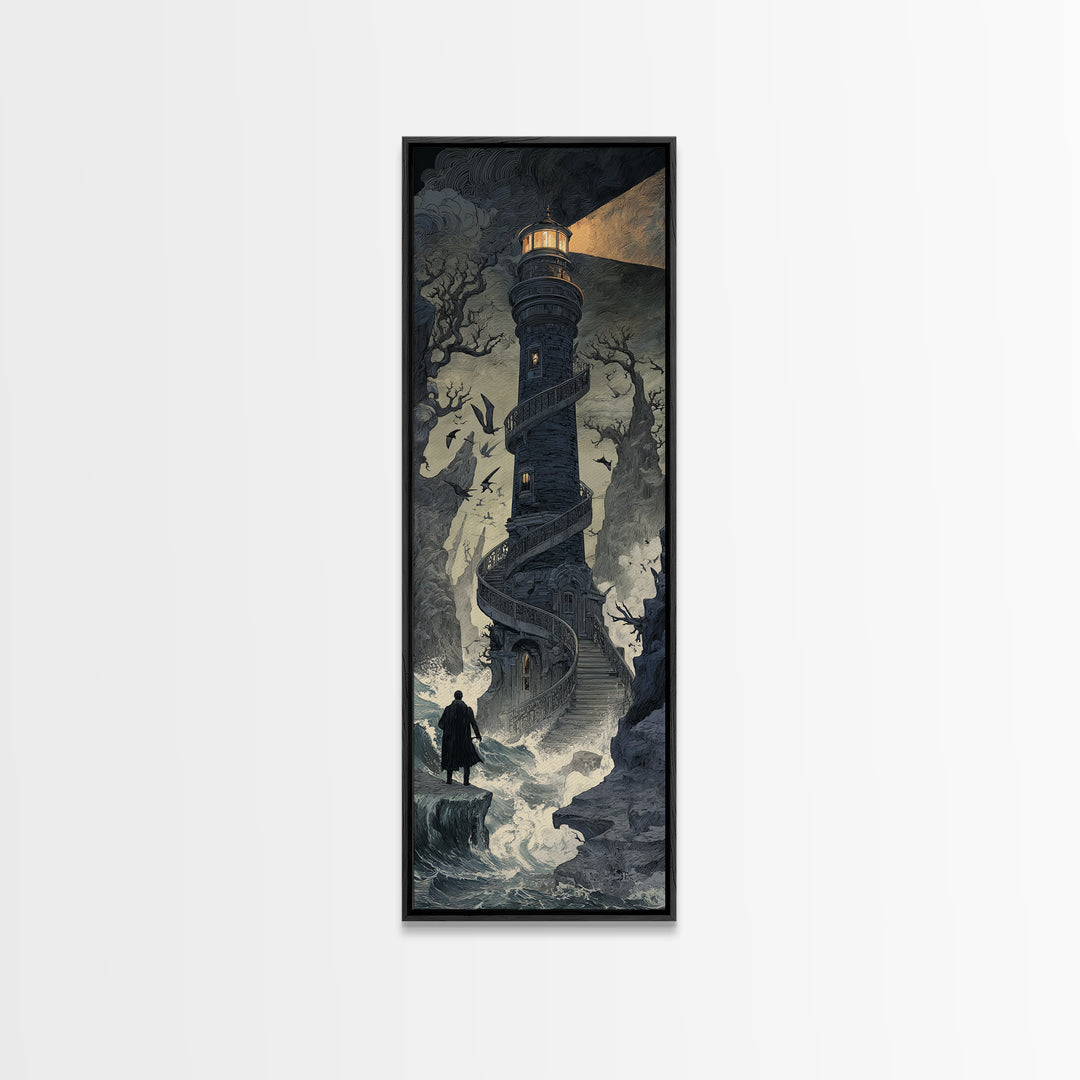 The Last Lighthouse Of Y’Ha-Nthlei, Symbolist Gothic Landscape, Tall Narrow Wall Art, Cosmic Horror Art, Canvas Print, Halloween Wall Art
