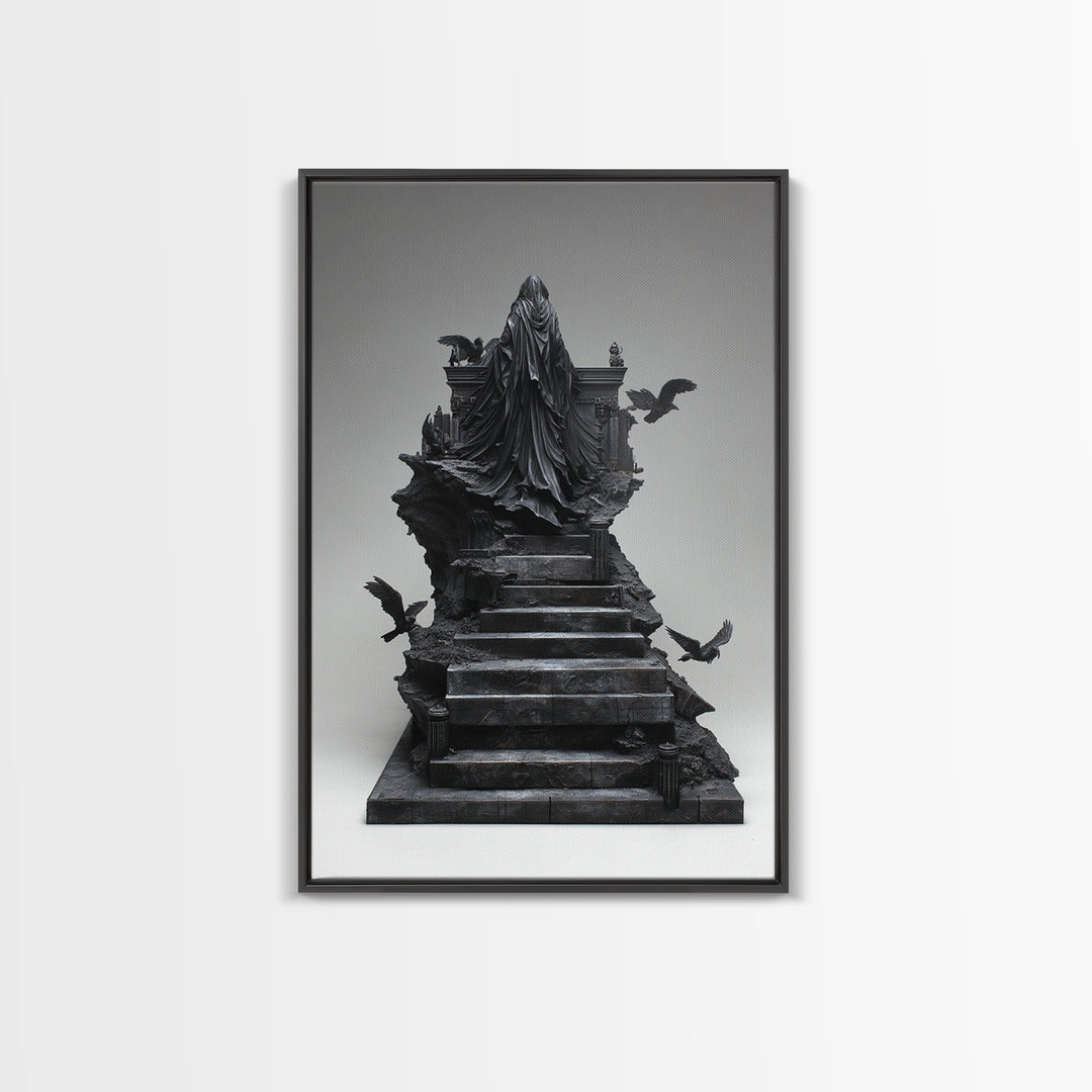 The Raven Sermon Of Leng, Biomechanical Horror Art, Vertical Wall Art, Dark Halloween Decor, Framed Canvas Print, Halloween Wall Art