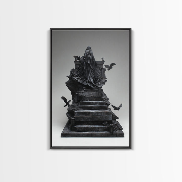 The Raven Sermon Of Leng, Biomechanical Horror Art, Vertical Wall Art, Dark Halloween Decor, Framed Canvas Print, Halloween Wall Art