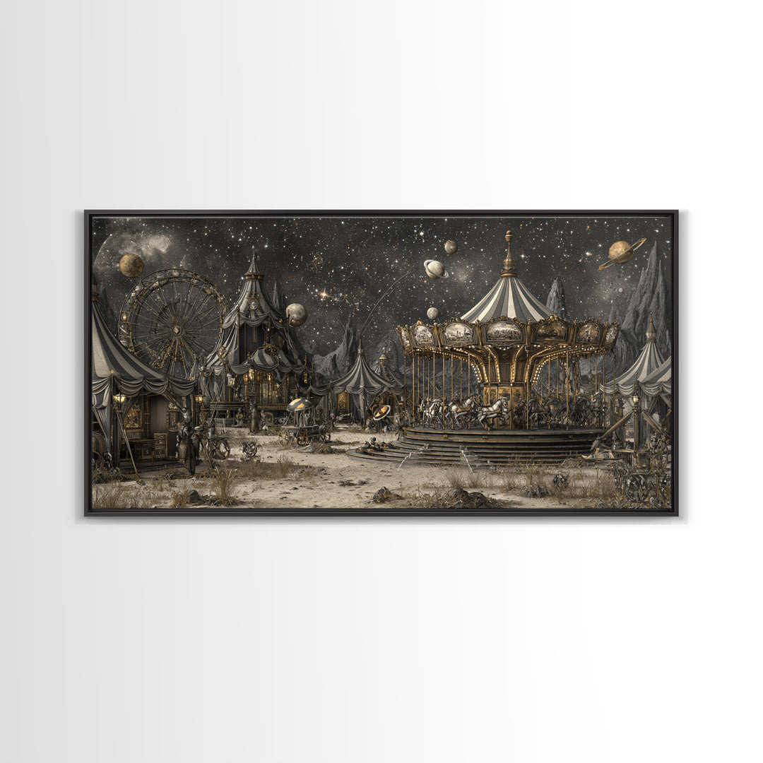 The Carousel Of Sleeping Planets, Apocalyptic Romantic Art, Wide Panoramic Art, Dark Halloween Decor, Framed Canvas Print